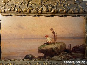 Arte: Ramon Marti Alsina ,marina paisaje costero , oleo pescadores en las rocas.